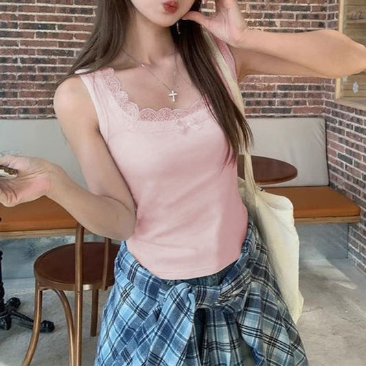 Square Neck Lace Trim Crop Tank Top