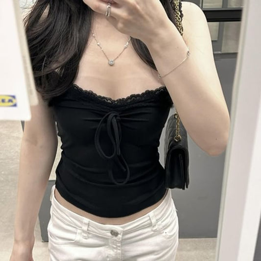Sleeveless Lace V Neck Crop Top