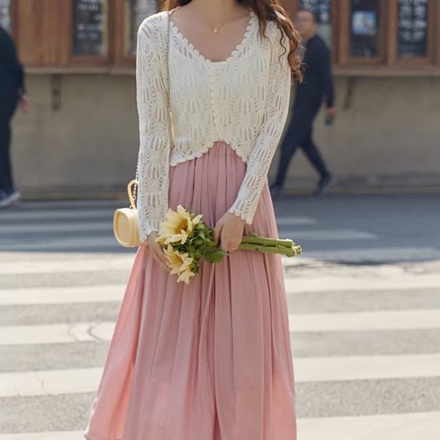 Long Sleeve V-Neck Pointelle Cropped Cardigan