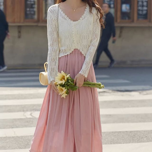 Long Sleeve V-Neck Pointelle Cropped Cardigan