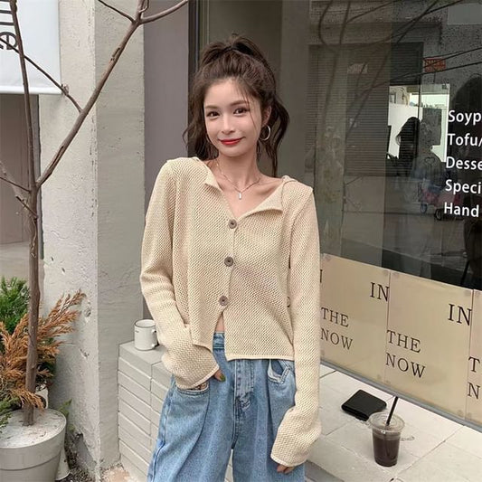 Hooded V-Neck Button Cropped Cardigan