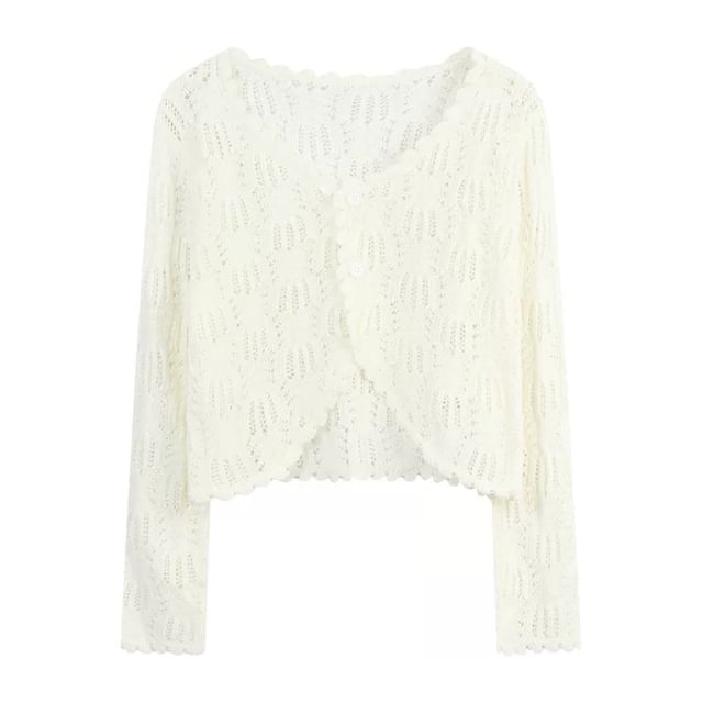 Long Sleeve V-Neck Pointelle Cropped Cardigan