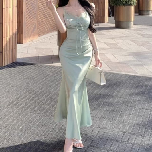 Spaghetti Strap V-Neck Plain Lace Panel Satin Maxi Mermaid Dress