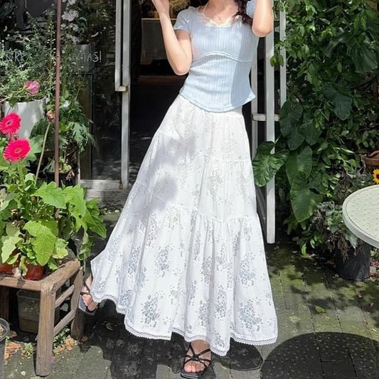 Halter Mock Two Piece Top and Tiered Lace Maxi Skirt