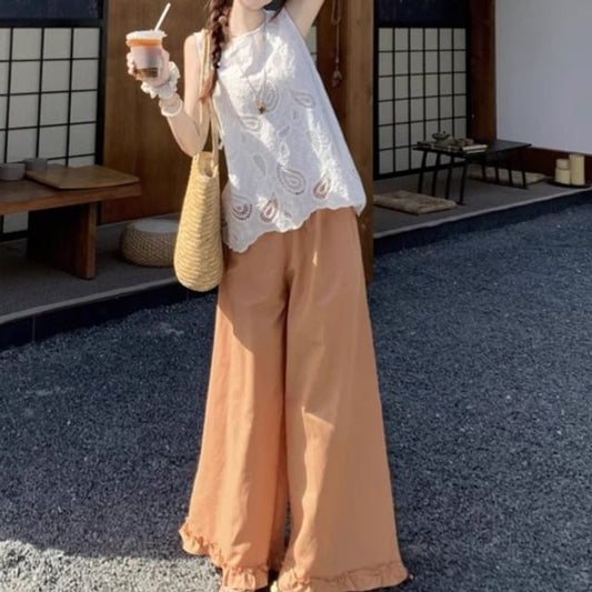 Round Neck Lace Top and Ruffle Wide Leg Pants