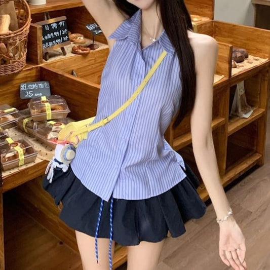 Collared Striped Lace Up Shirt and Mini A-Line Skirt