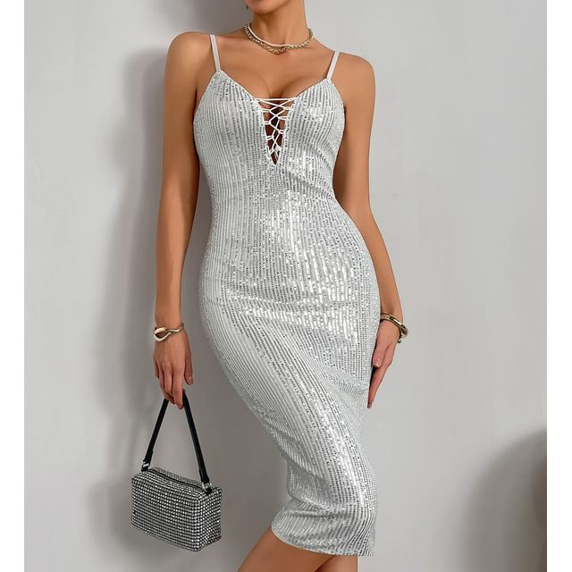 Spaghetti Strap Sequin Lace-Up Bodycon Dress