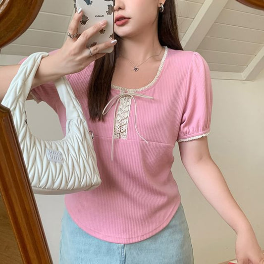 Short Sleeve Lace Up Square Neck Slim Fit Tee