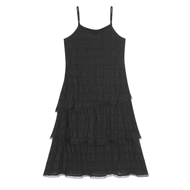 Spaghetti Strap Plain Tiered Midi A-Line Dress
