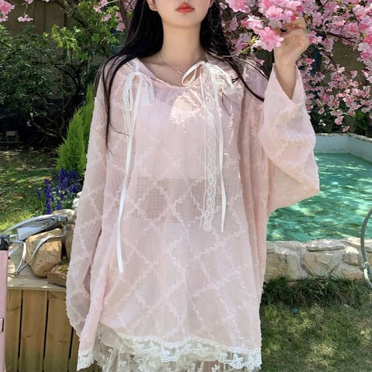 Long Sleeve Round Neck Hooded Lace Top