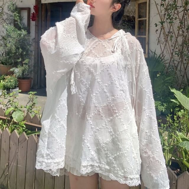 Long Sleeve Round Neck Hooded Lace Top
