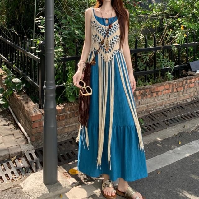 Spaghetti Strap Plain Panel Maxi A-Line Dress / Plain Fringe Long Camisole Top