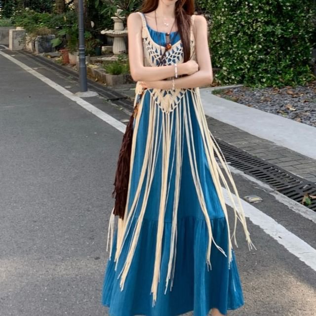 Spaghetti Strap Plain Panel Maxi A-Line Dress / Plain Fringe Long Camisole Top