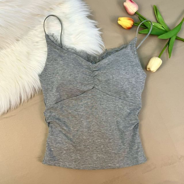 Ruched Padded Lace Trim V Neck Crop Cami Top