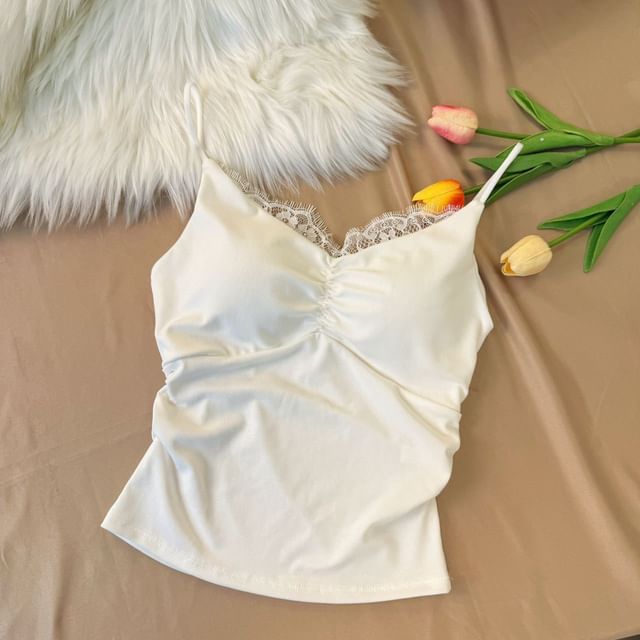 Ruched Padded Lace Trim V Neck Crop Cami Top
