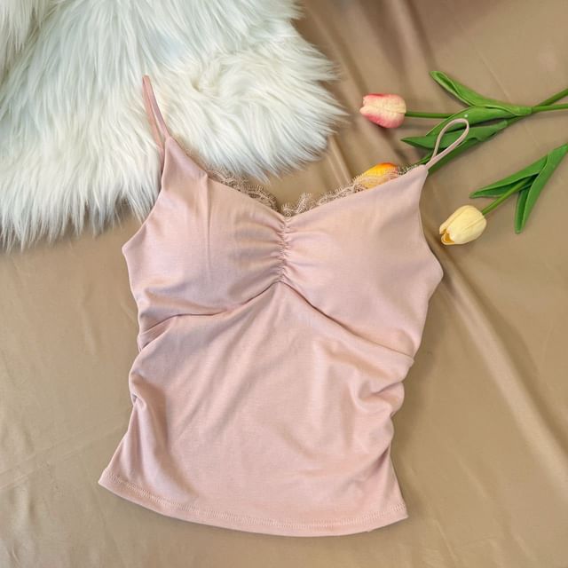 Ruched Padded Lace Trim V Neck Crop Cami Top