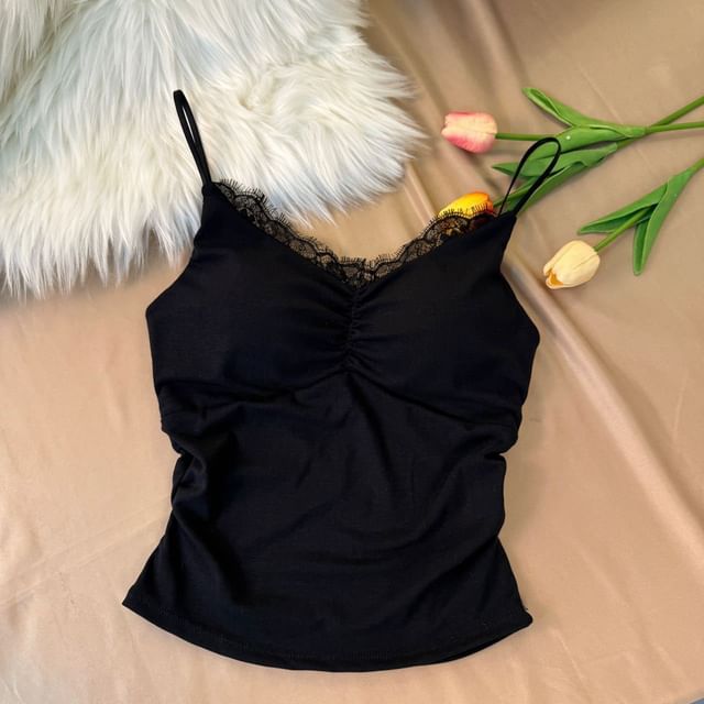 Ruched Padded Lace Trim V Neck Crop Cami Top