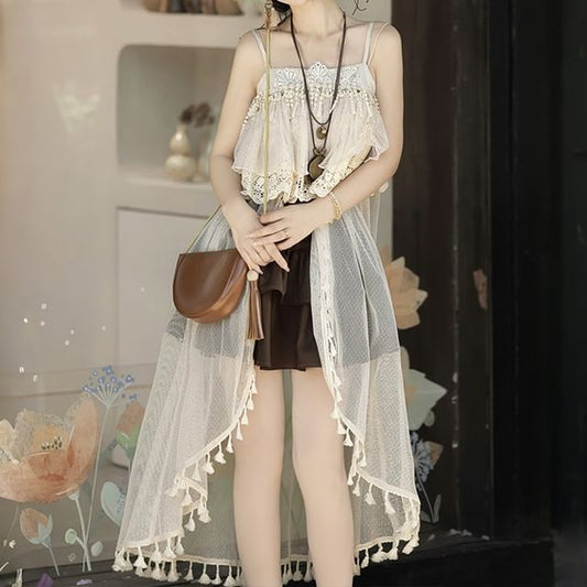 Lace Panel Layered Fringed Cami High Low Skirt Set