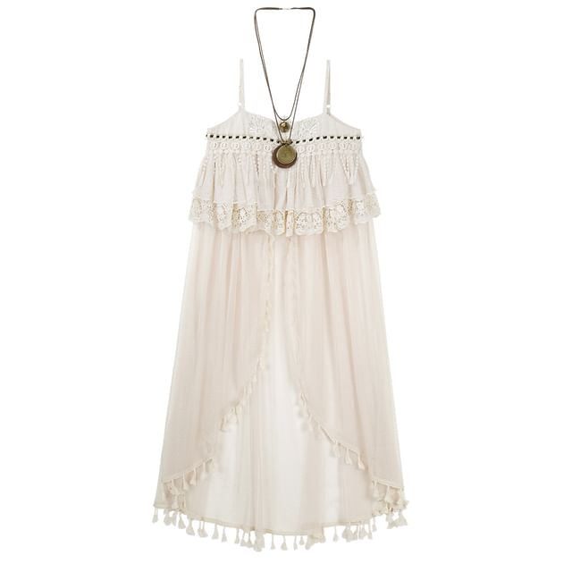 Lace Panel Layered Fringed Cami High Low Skirt Set