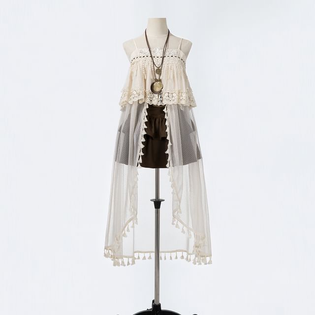 Lace Panel Layered Fringed Cami High Low Skirt Set