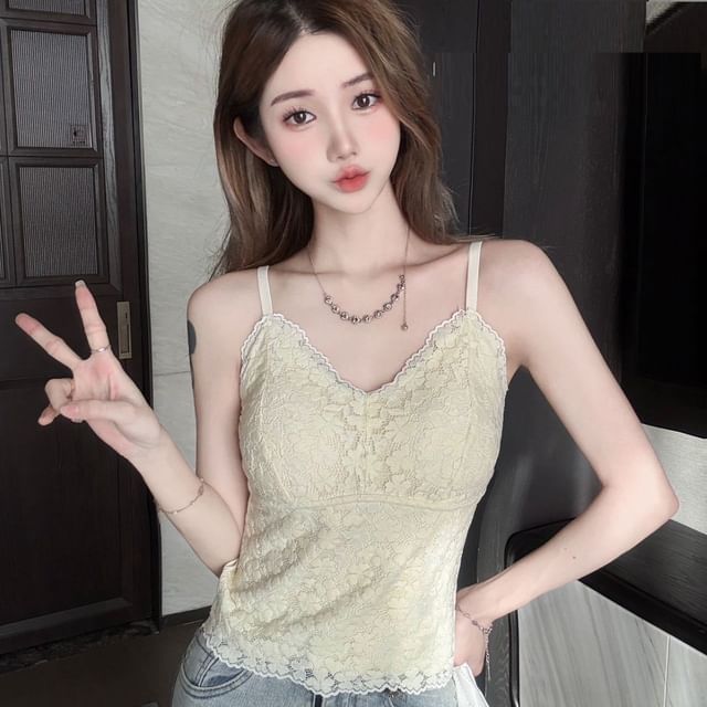 Padded Lace V Neck Crop Cami Top