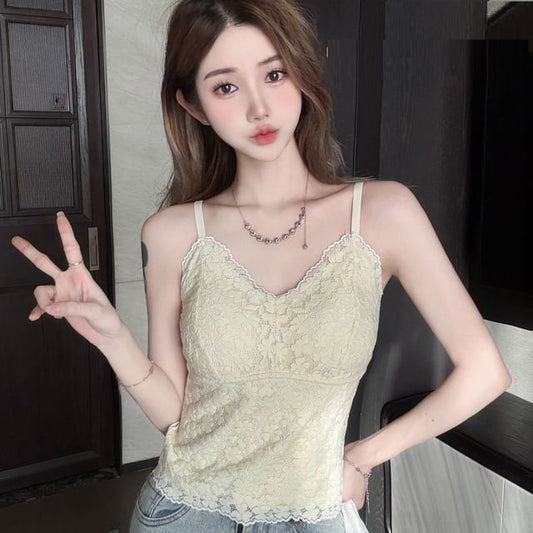Padded Lace V Neck Crop Cami Top
