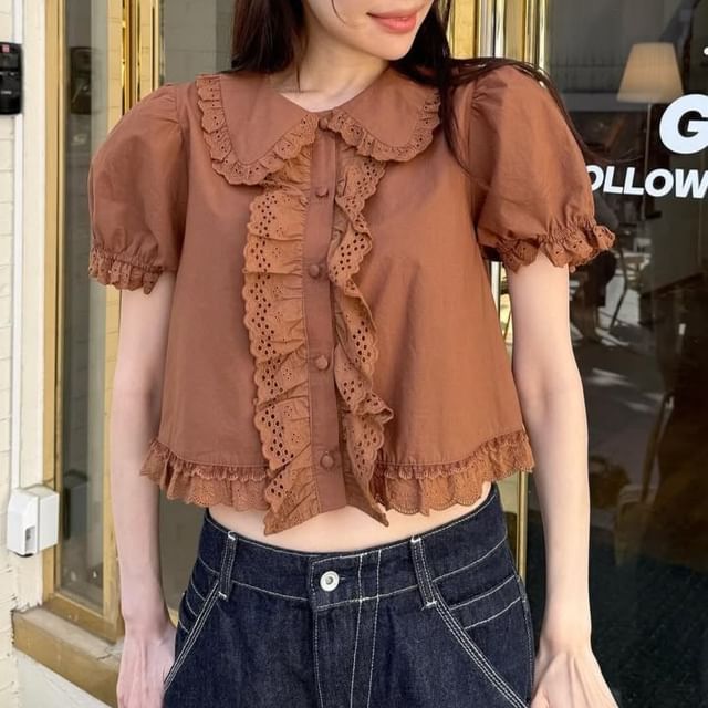 Puff Sleeve Lace Trim Peter Pan Collar Crop Blouse