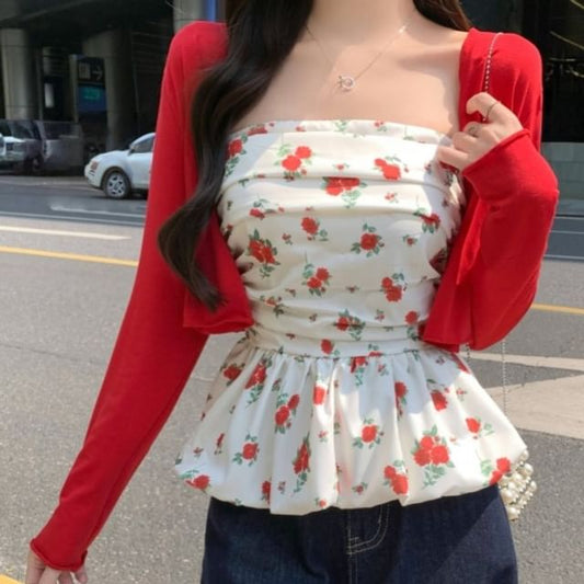 Floral Peplum Tube Top / Crop Cardigan
