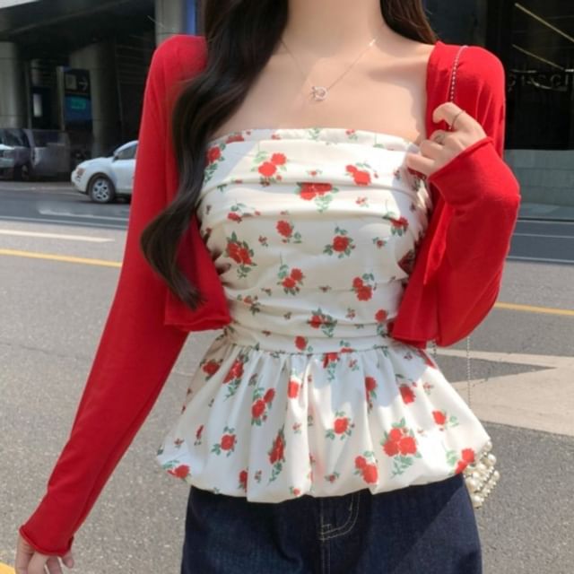 Floral Peplum Tube Top / Crop Cardigan