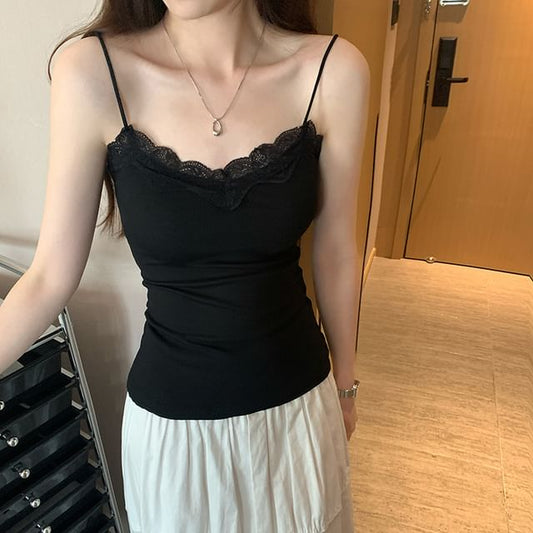 Lace Trim Spaghetti Strap V Neck Camisole Top