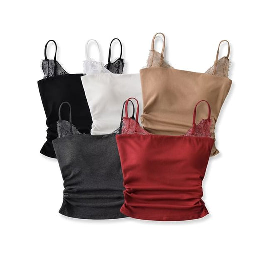 Ruched Ribbed Lace Trim Camisole Top