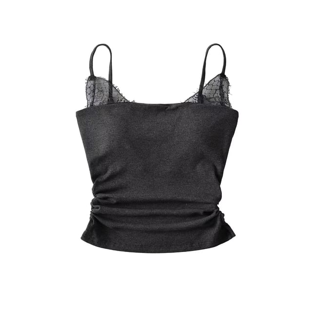 Ruched Ribbed Lace Trim Camisole Top