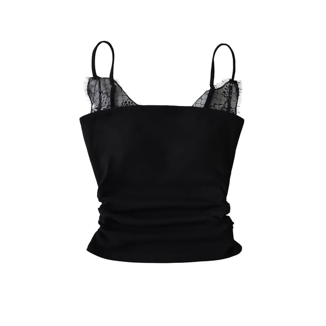 Ruched Ribbed Lace Trim Camisole Top
