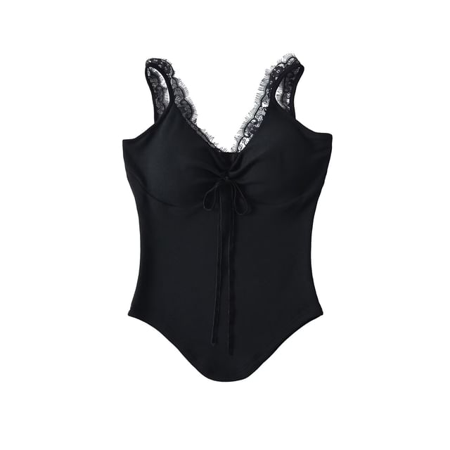 Asymmetrical Lace Trim V-Neck Cami Top
