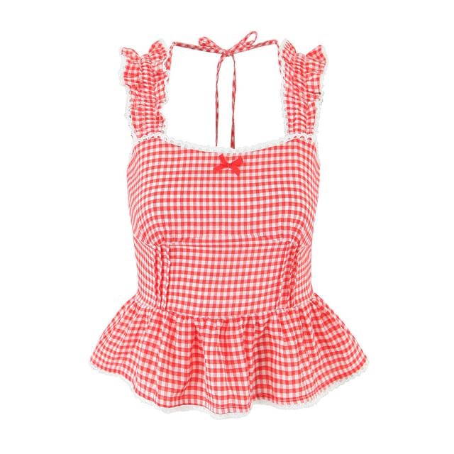 Sleeveless Gingham Lace Ruffle Peplum Top