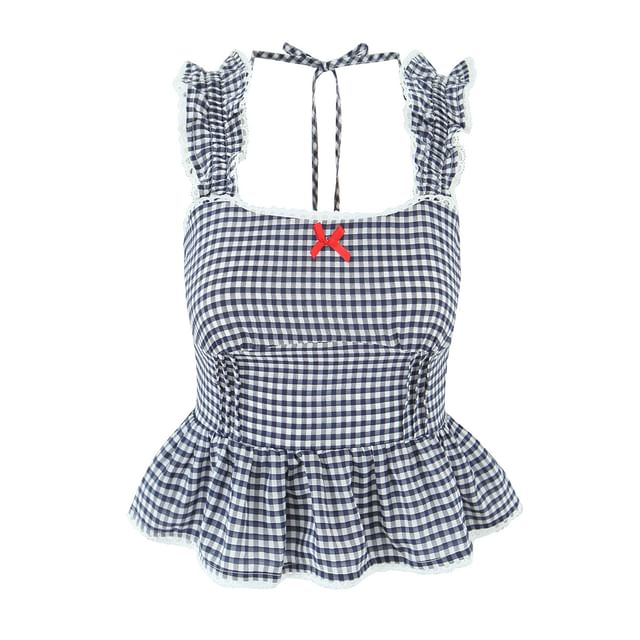 Sleeveless Gingham Lace Ruffle Peplum Top