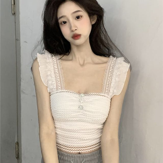 Striped Lace Trim Ruffle Cropped Camisole