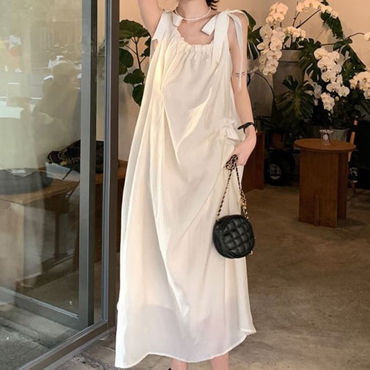 Tie Shoulder Plain Maxi A-Line Dress