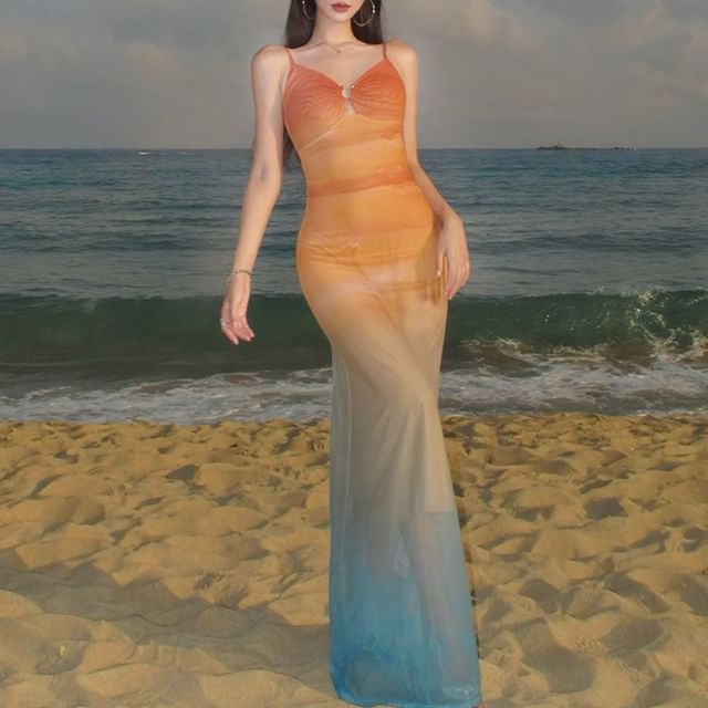 Spaghetti Strap Ombre Midi Mesh Mermaid Dress