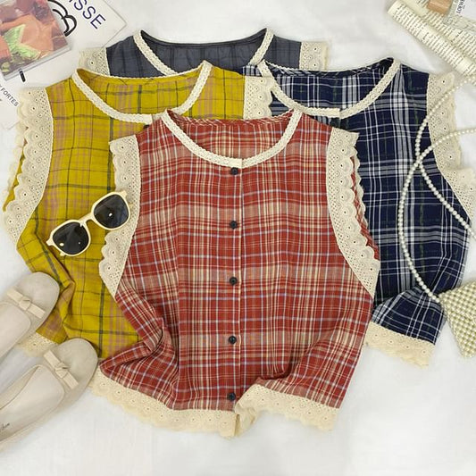 Crew Neck Plaid Panel Lace Blouse