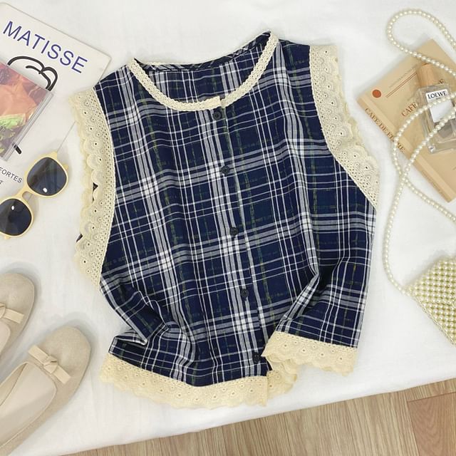 Crew Neck Plaid Panel Lace Blouse