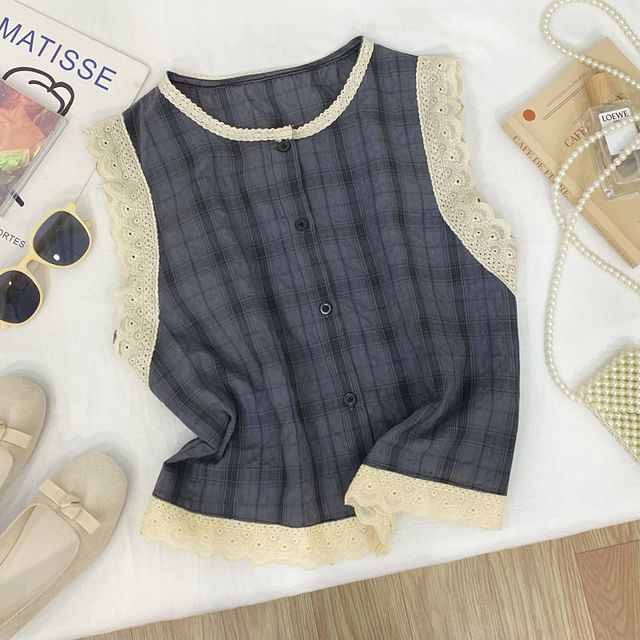 Crew Neck Plaid Panel Lace Blouse