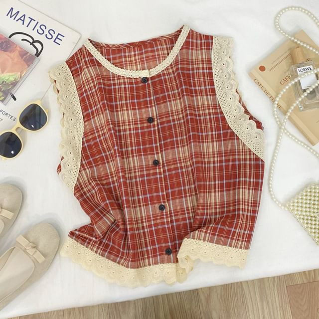 Crew Neck Plaid Panel Lace Blouse