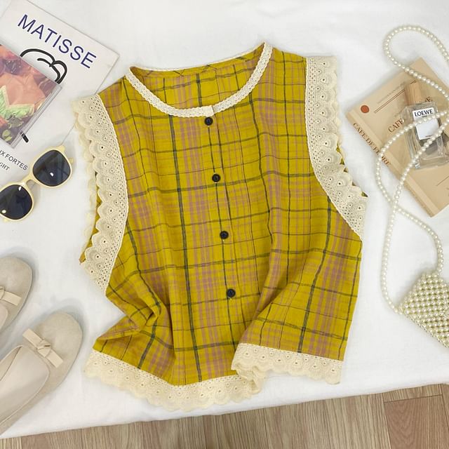 Crew Neck Plaid Panel Lace Blouse