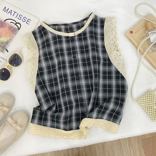 Crew Neck Plaid Panel Lace Blouse