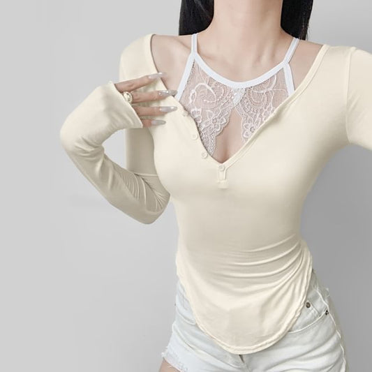 Mock Two Piece Lace Long Sleeve Crop Top