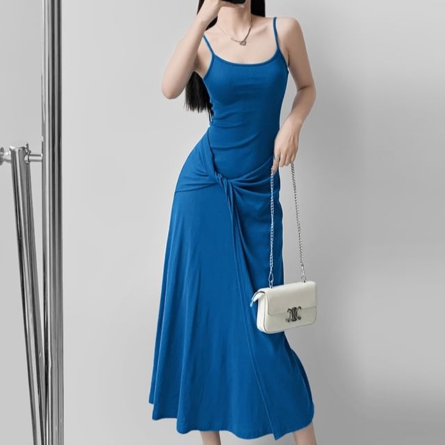 Spaghetti Strap Scoop Neck Plain Tie Waist Midi A-Line Dress