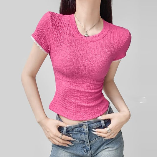 Round Neck Lace Trim Short Sleeve Top