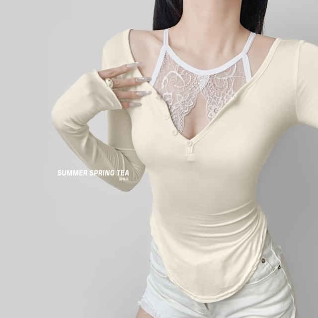 Mock Two Piece Lace Long Sleeve Crop Top
