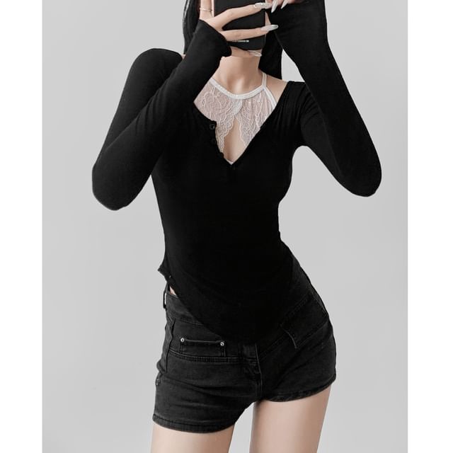 Mock Two Piece Lace Long Sleeve Crop Top